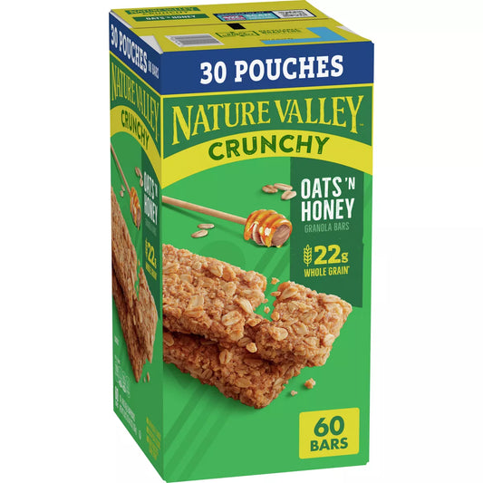 Nature Valley Crunchy Oats n Honey Granola Bars, 60-count, with oats and honey flavor, in a package of snack bars.