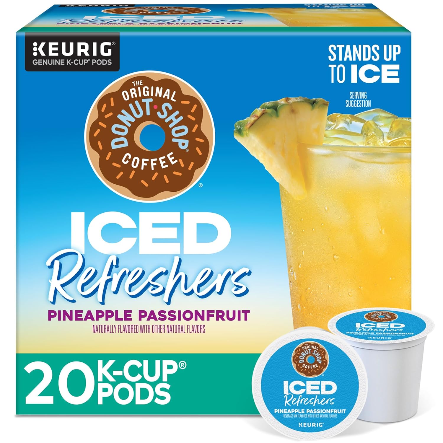 KupofK Coffee The Original Donut Shop Iced Refreshers Pineapple Passionfruit tea K-cups in packaging, ready for brewing.