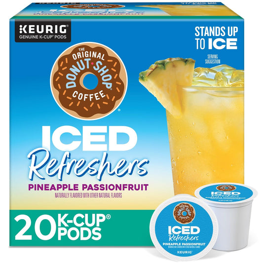 KupofK Coffee The Original Donut Shop Iced Refreshers Pineapple Passionfruit tea K-cups in packaging, ready for brewing.