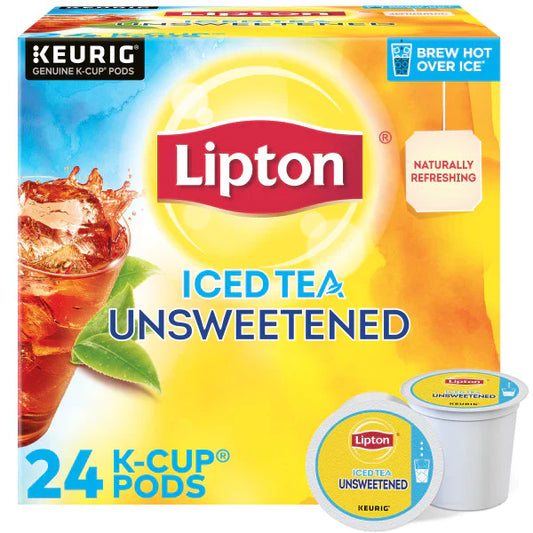 KupofK Coffee Lipton Classic Unsweetened Iced Tea K-Cups for Keurig, 24-count, with packaging visible and tea pods ready for brewing.