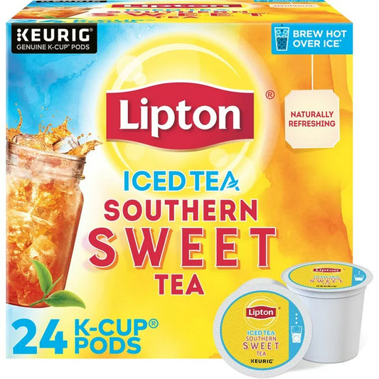 KupofK Coffee Lipton Iced Tea K-Cup pods with Southern Sweet Black Tea flavor, showcasing the packaging and individual pods.