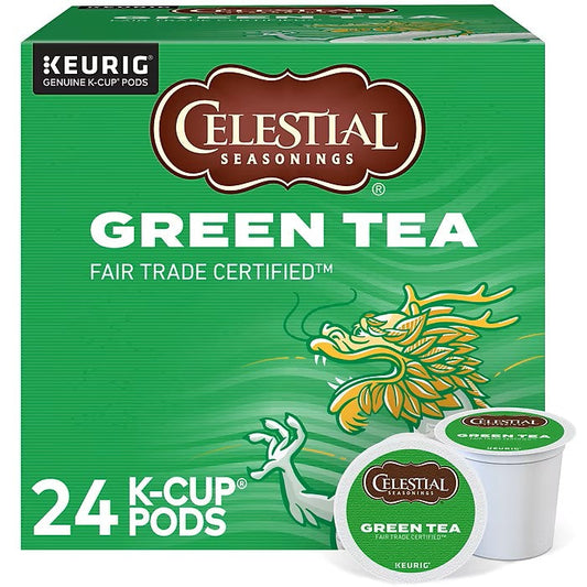 KupofK Coffee Celestial Seasonings Green Tea K-cups in packaging, ready for brewing with vibrant branding and tea product design.