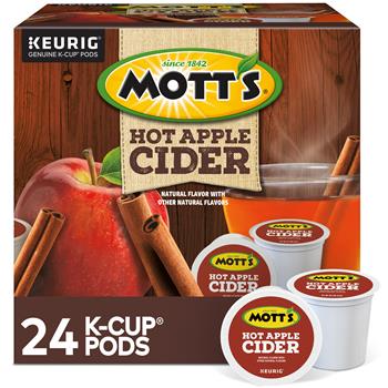 KupofK Coffee Mott's Hot Apple Cider Tea K-cups in packaging, ready for brewing, featuring apple cider flavor.