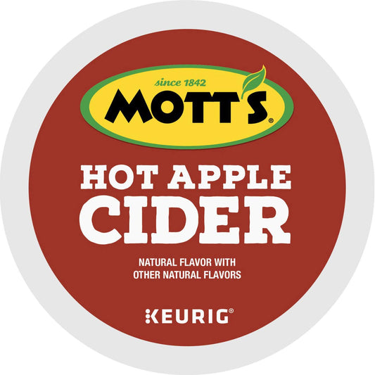 KupofK Coffee Mott's Hot Apple Cider Tea K-cups in packaging, ready for brewing, featuring warm apple cider flavor.