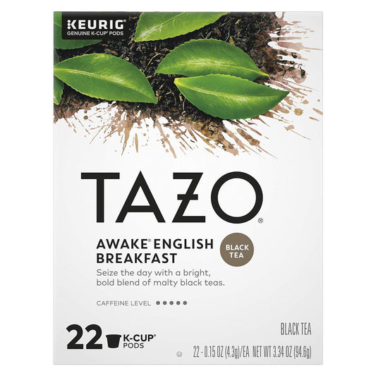 KupofK Coffee TAZO Awake English Breakfast tea K-cups, featuring dark brewed tea in individual pods for a rich breakfast flavor.
