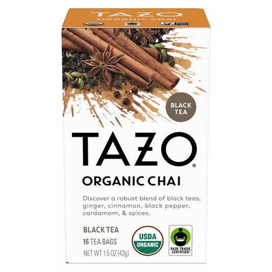 KupofK Coffee TAZO Organic Chai Black Tea Bags, 16-count box, featuring aromatic black tea with chai spices in individual tea bags.