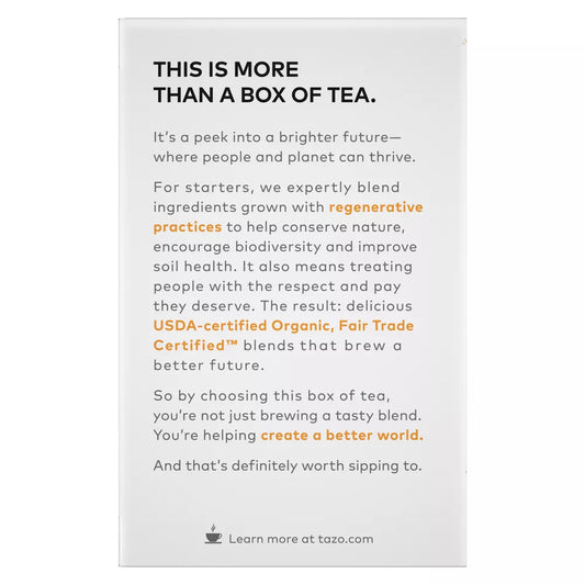 KupofK Coffee TAZO Organic Chai Black Tea Bags, 16-count, showing the tea box with black and orange packaging.