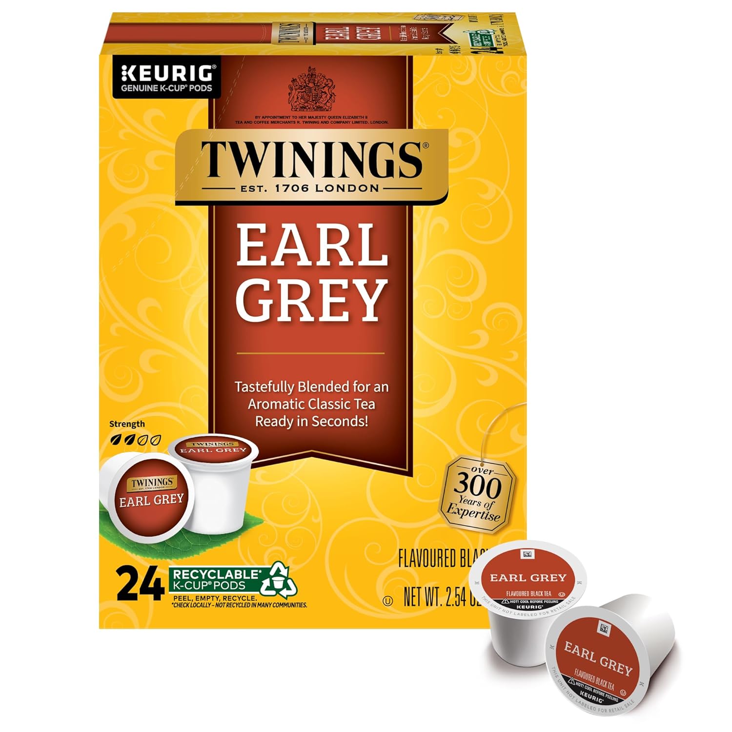 KupofK Coffee Twinings Earl Grey Black Tea K-Cups, individual tea pods with aromatic Earl Grey flavor in a pack of K-Cups.
