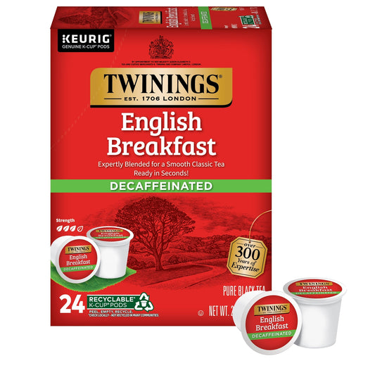 KupofK Coffee Twinings English Breakfast Decaf black tea K-cups for Keurig, featuring dark tea leaves and packaging.