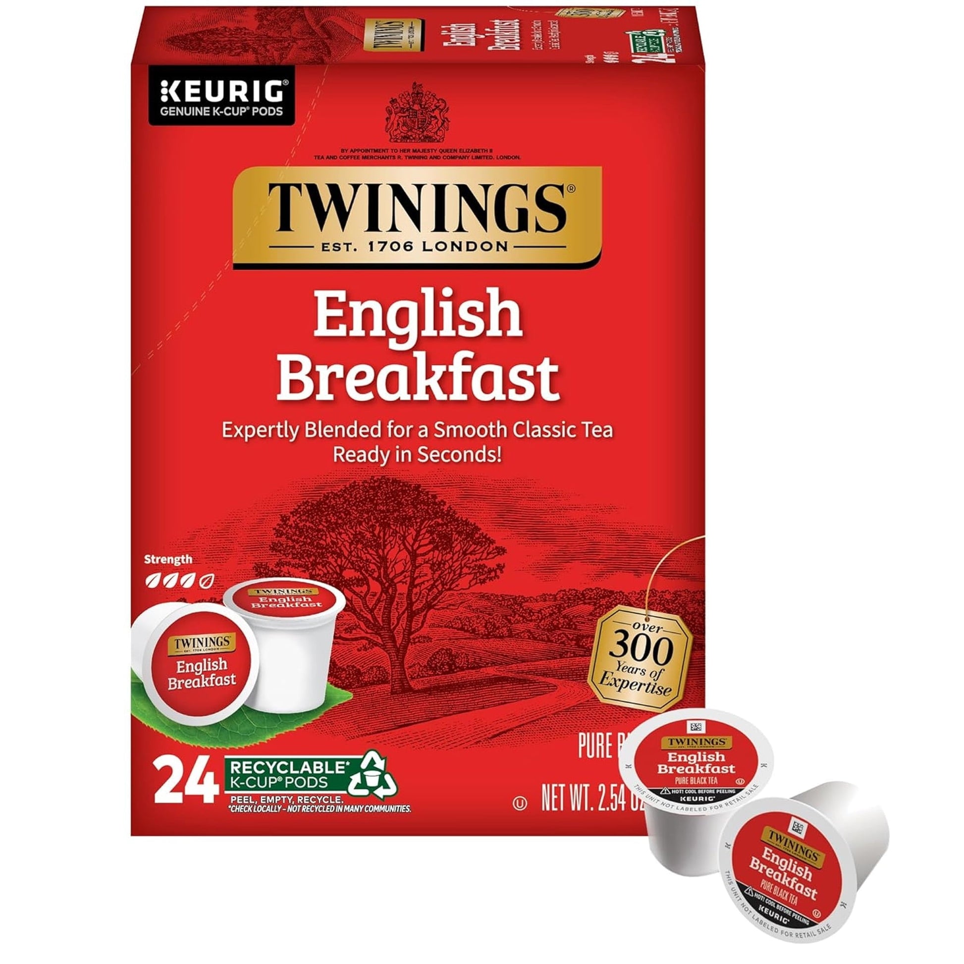 Twinings English Breakfast black tea Keurig K-cups by KupofK Coffee, packaged for easy brewing and rich flavor.