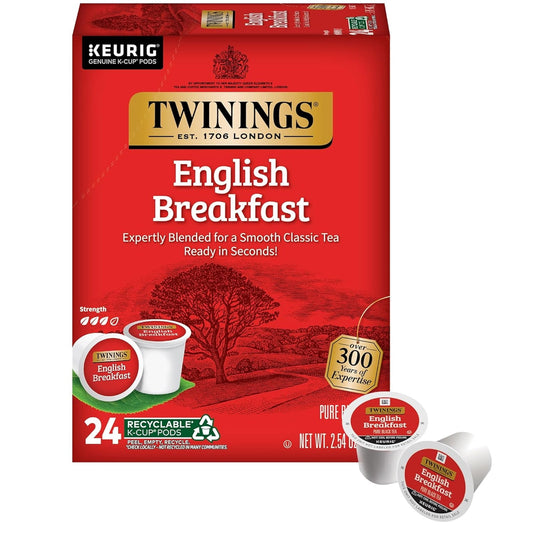 Twinings English Breakfast black tea Keurig K-cups by KupofK Coffee, packaged for easy brewing and rich flavor.