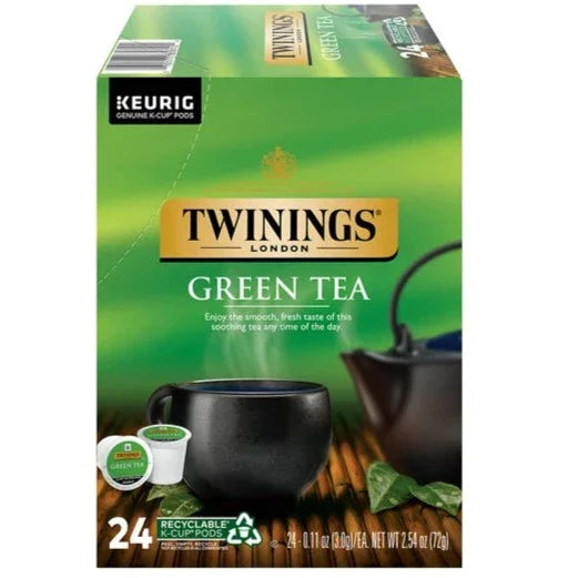 KupofK Coffee Twinings green tea K-cups for Keurig, individual tea pods with fresh green tea leaves and vibrant packaging.