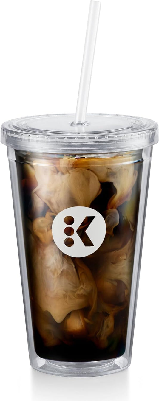 KupofK Coffee Keurig Iced Tumbler with 16oz capacity, designed for K-cups, featuring a sleek stainless steel finish.