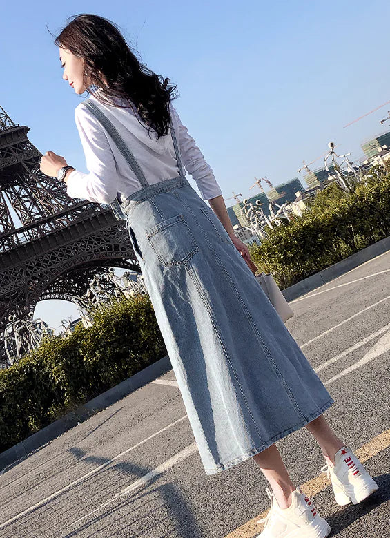 Button Strap Denim Dress, Denim Overall Dress