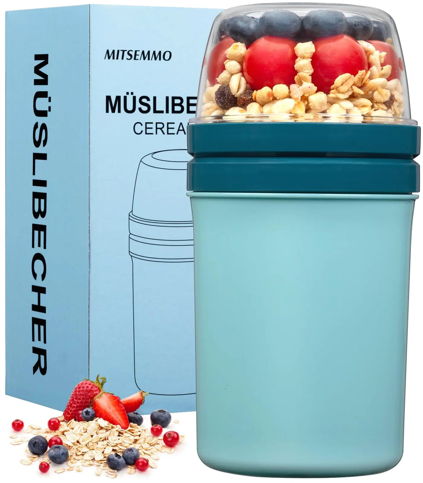 Mitsemmo Snack CupReusable Snack Container with LidYogurt Parfait Cups and Spoons600ml+270ml Breakfast On The GoPortable Cereal Container To GoTravel Cereal Bowl and Milk Container(Blau)