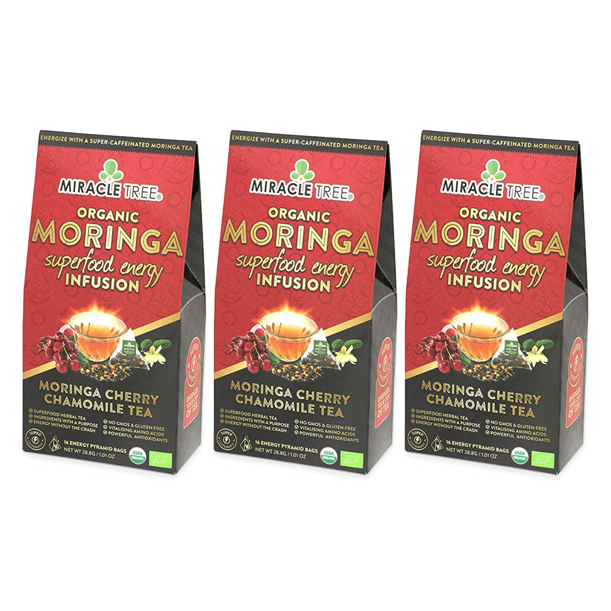 Organic Moringa Energy Tea by Miracle Tree with cherry and chamomile, natural coffee alternative, served in a clear glass cup.