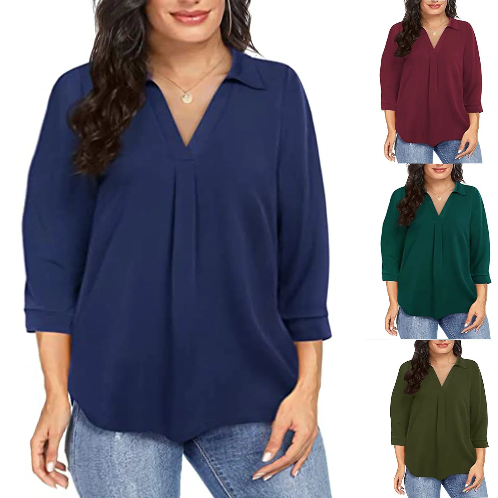 Ladies V - Neck Blouses Shirt Tops Summer Loose Casual Female Women Solid Long Sleeve Blouse Shirts Fashion Pullover Plus Size 5XL - BACKUPMYFILESNOW