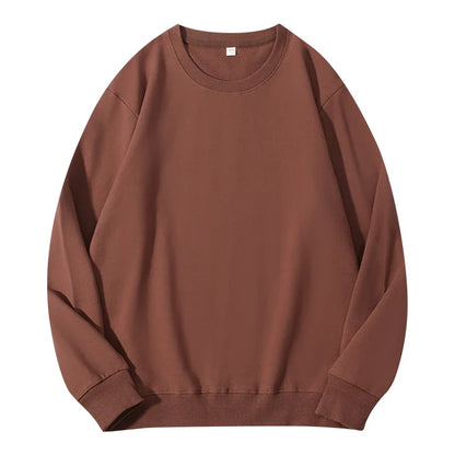 Loose beige cotton women's sweatshirt with O-neck and hood, casual pullover style, long sleeves, and solid color.