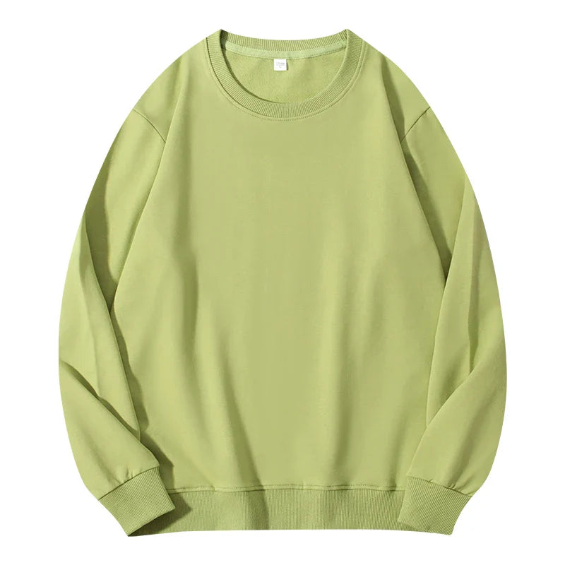 Loose beige women's cotton sweatshirt with autumn O-neck and hood, casual pullover with long sleeves.