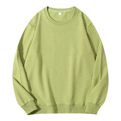 Loose beige women's cotton sweatshirt with autumn O-neck and hood, casual pullover with long sleeves.