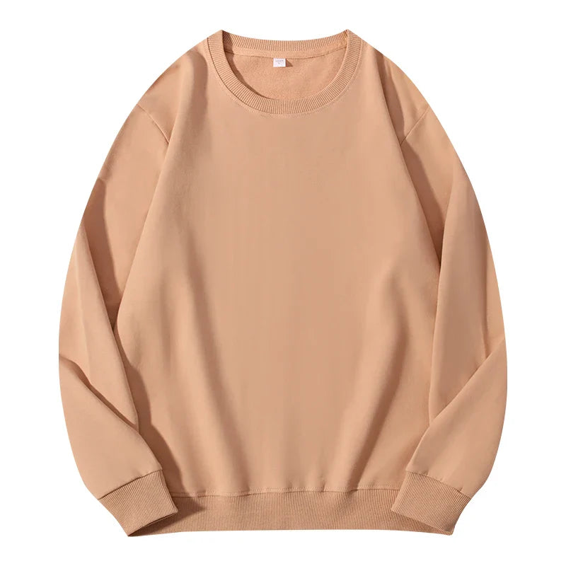 Light beige women's cotton O-neck sweatshirt with hood, loose fit, casual style, long sleeves, from LadyShow.Store.