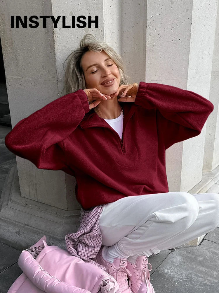 Women’s fleece hoodie by LadyShow.Store featuring a stand collar, zip closure, loose fit, solid color, perfect for casual winter wear.