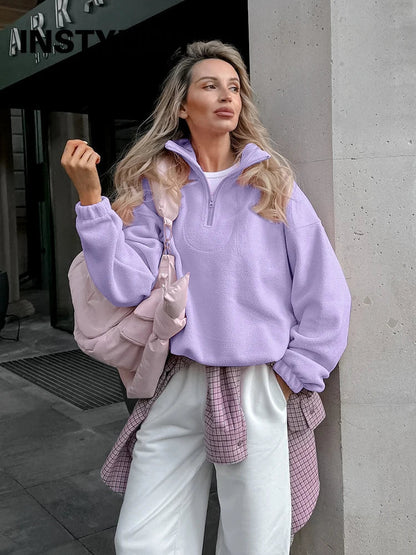 Women’s autumn winter fleece hoodie with stand collar, zipper, loose fit, solid color, casual streetwear sweatshirt by LadyShow.