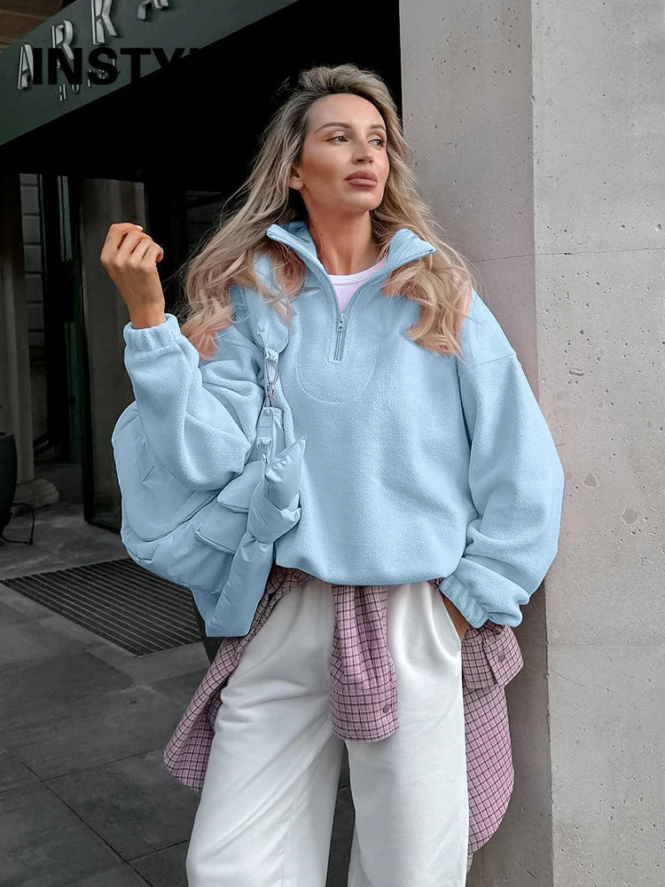 Women’s fleece hoodie by LadyShow.Store featuring a stand collar, zipper, loose fit, solid design, suitable for autumn and winter.