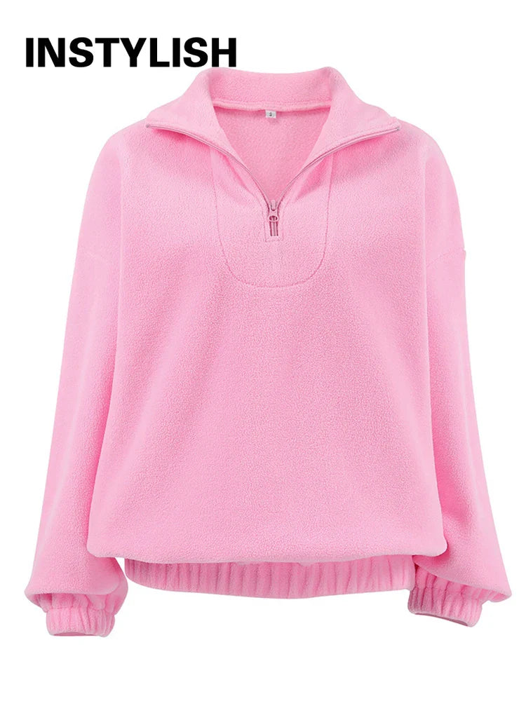 Women’s autumn winter fleece hoodie with stand collar, zipper, loose fit, solid color, casual streetwear sweatshirt by LadyShow.