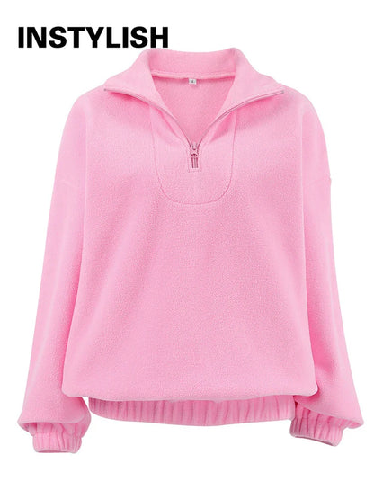 Women’s autumn winter fleece hoodie with stand collar, zipper, loose fit, solid color, casual streetwear sweatshirt by LadyShow.
