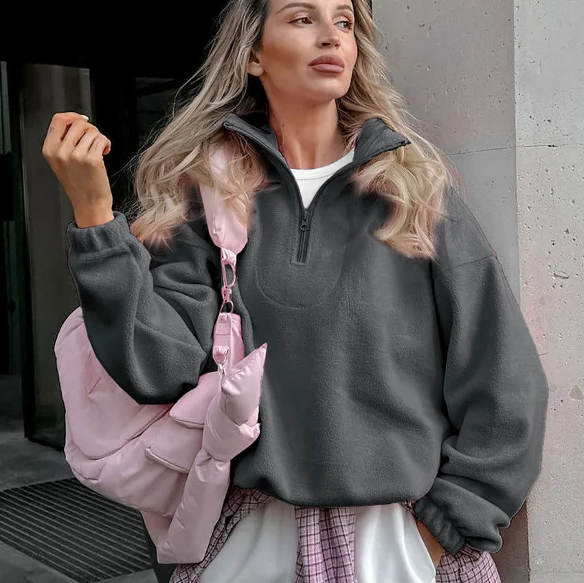 Women’s autumn winter fleece hoodie with stand collar, zipper, and loose fit, elegant solid pullover for casual streetwear.
