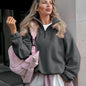 Women’s autumn winter fleece hoodie with stand collar, zipper, and loose fit, elegant solid pullover for casual streetwear.