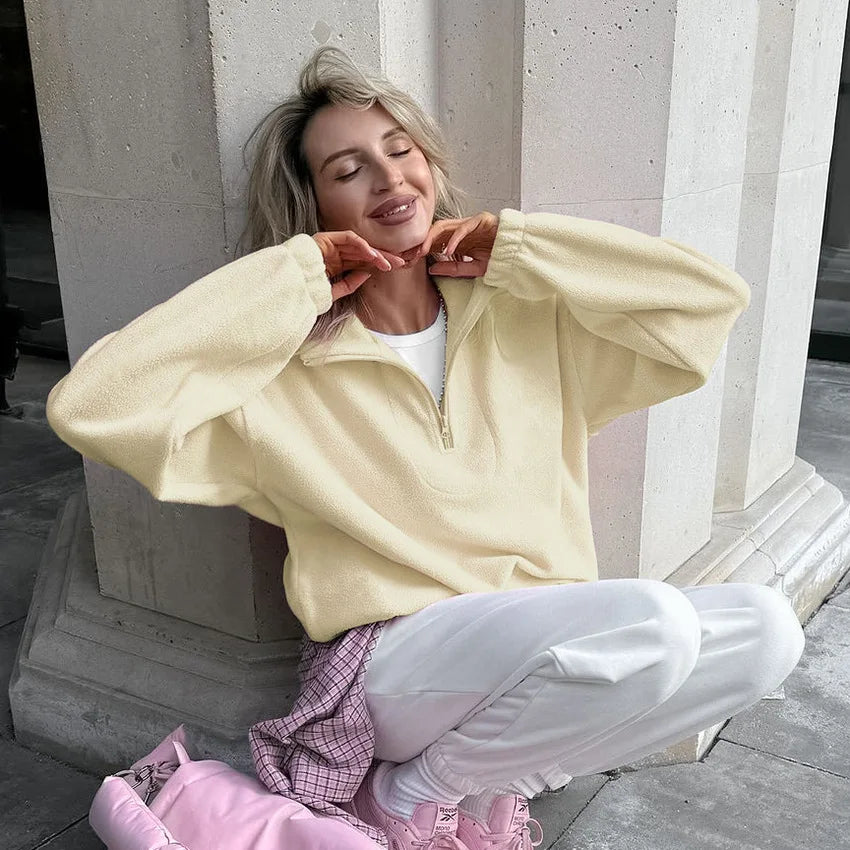 Women’s autumn winter fleece hoodie by LadyShow, elegant stand collar zipper sweatshirt with a loose fit and solid color for casual streetwear.