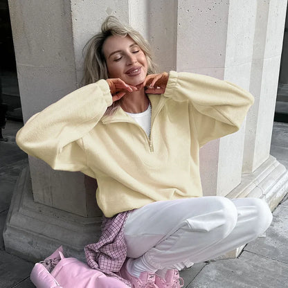 Women’s autumn winter fleece hoodie by LadyShow, elegant stand collar zipper sweatshirt with a loose fit and solid color for casual streetwear.