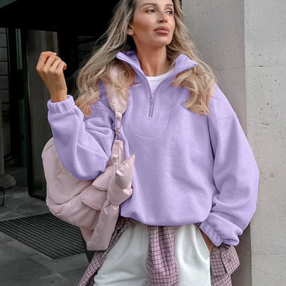 Women’s autumn winter fleece hoodie with stand collar, zipper, and loose fit, perfect for casual streetwear by LadyShow.