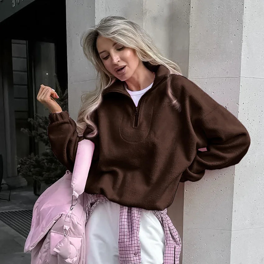 Women’s autumn winter fleece hoodie by LadyShow.Store featuring stand collar, zipper, loose fit, solid pullover, casual streetwear style