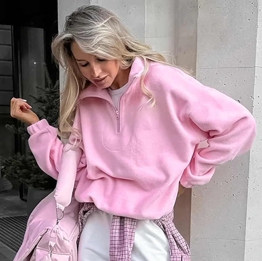 Women’s autumn winter fleece hoodie with stand collar, zipper, loose fit, solid color, casual streetwear sweatshirt by LadyShow.