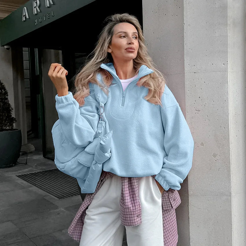 Women’s fleece hoodie by LadyShow.Store featuring a stand collar, zipper, loose fit, solid color, casual streetwear style.