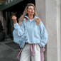 Women’s fleece hoodie by LadyShow.Store featuring a stand collar, zipper, loose fit, solid color, casual streetwear style.