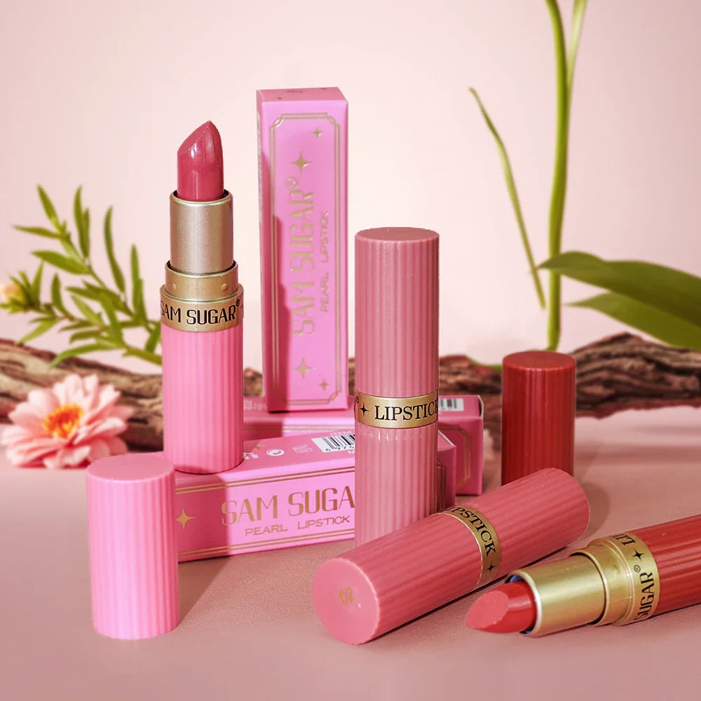 Pearlescent pink glitter lipstick by LadyShow.Store featuring metallic, waterproof, long-lasting matte shimmer for women’s makeup.