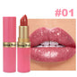 LadyShow pink glitter velvet lipstick with metallic finish, long-lasting waterproof makeup, shimmering diamond effect for women