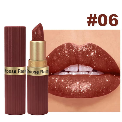 Pearlescent pink glitter velvet lipstick by LadyShow.Store with metallic finish, waterproof, long-lasting, matte shimmer for women makeup.