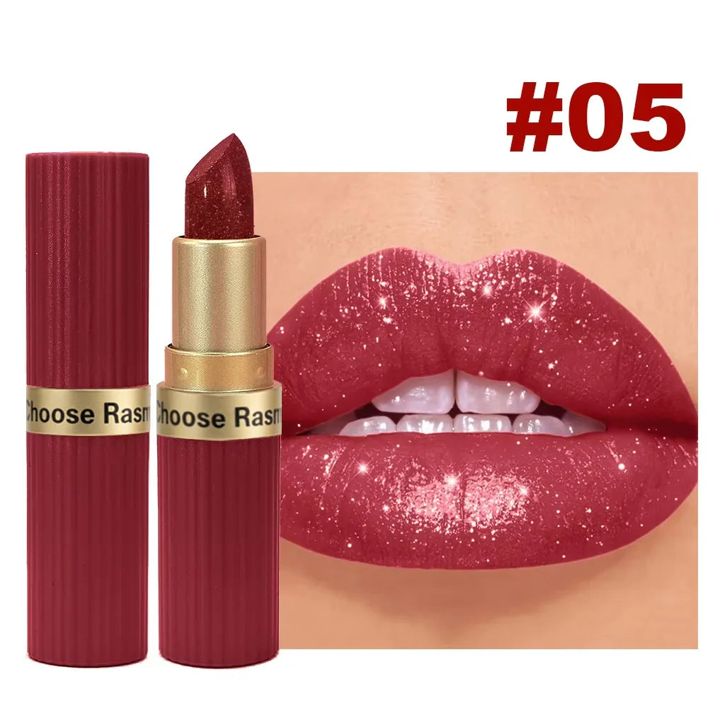 LadyShow pink glitter velvet lipstick with a metallic, waterproof finish, long-lasting matte shimmer for women’s makeup.