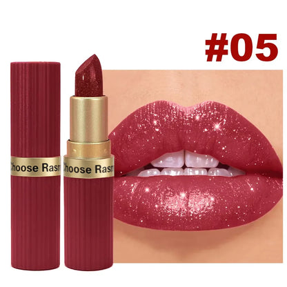 LadyShow pink glitter velvet lipstick with a metallic, waterproof finish, long-lasting matte shimmer for women’s makeup.