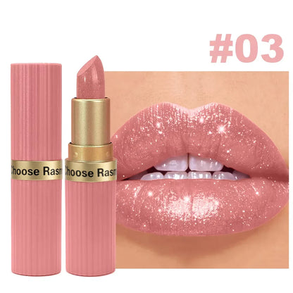 LadyShow pink glitter velvet lipstick with metallic finish, long-lasting waterproof makeup for women with shimmer and matte details.
