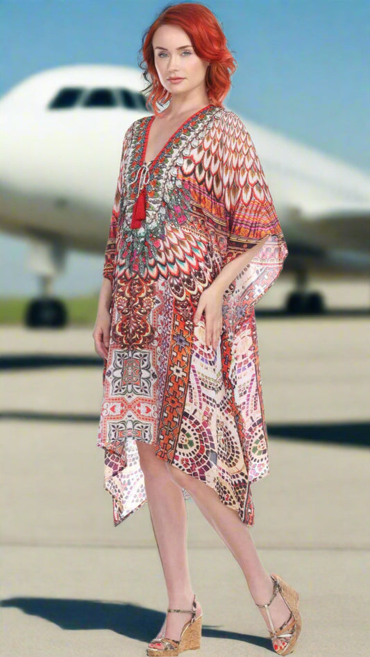 Elegant women's beach kaftan dress in viscose silk by Lamodaclothing, featuring flowing fabric and stylish design.