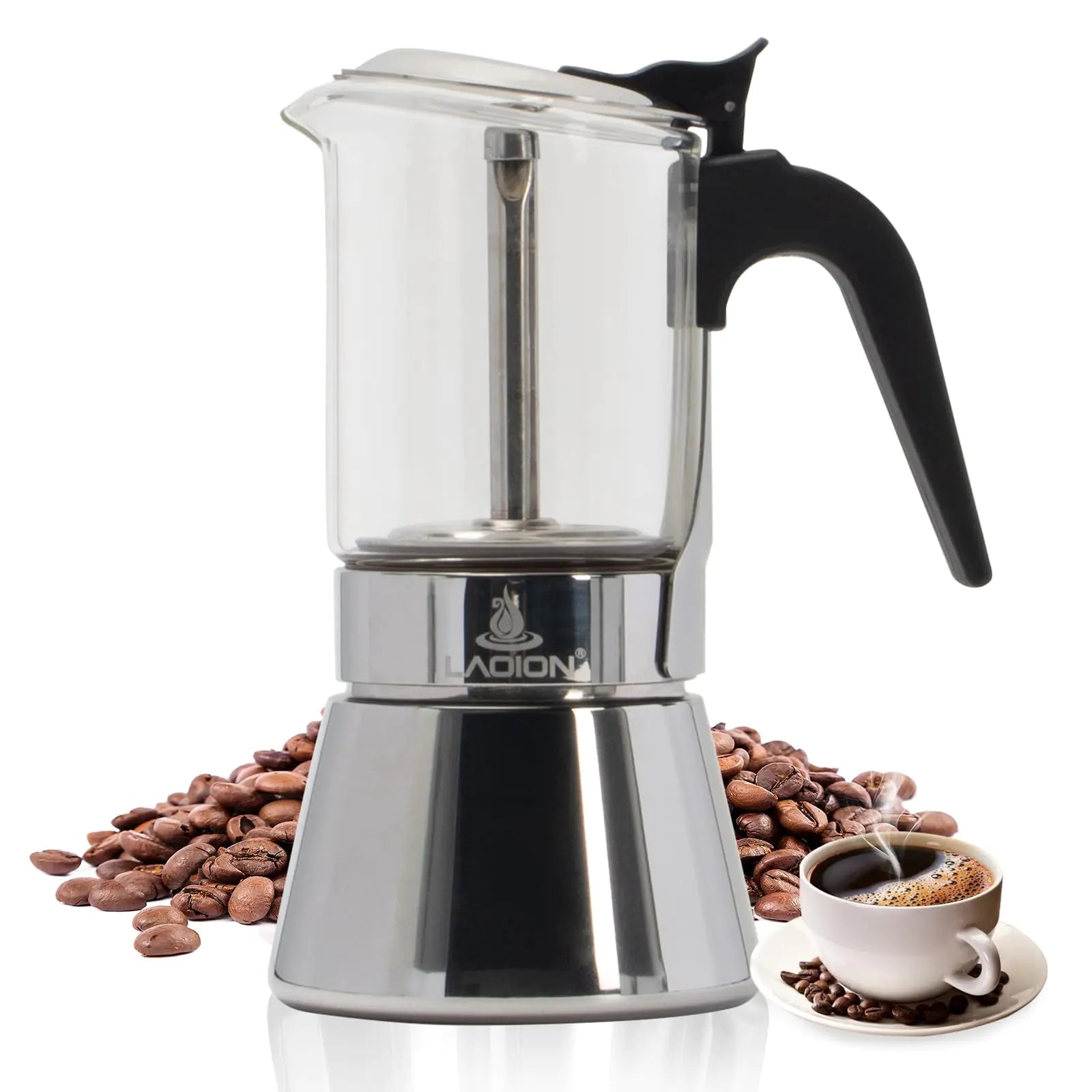 LAOION Stovetop Espresso Maker and Coffee Maker Classic Moka Pot Crystal Glass - top & Stainless Steel Coffee Maker Mocha Pot Greca De Cafe Cuban and Italian Coffee Maker for Cafetera Cubana (160ml) - BACKUPMYFILESNOW