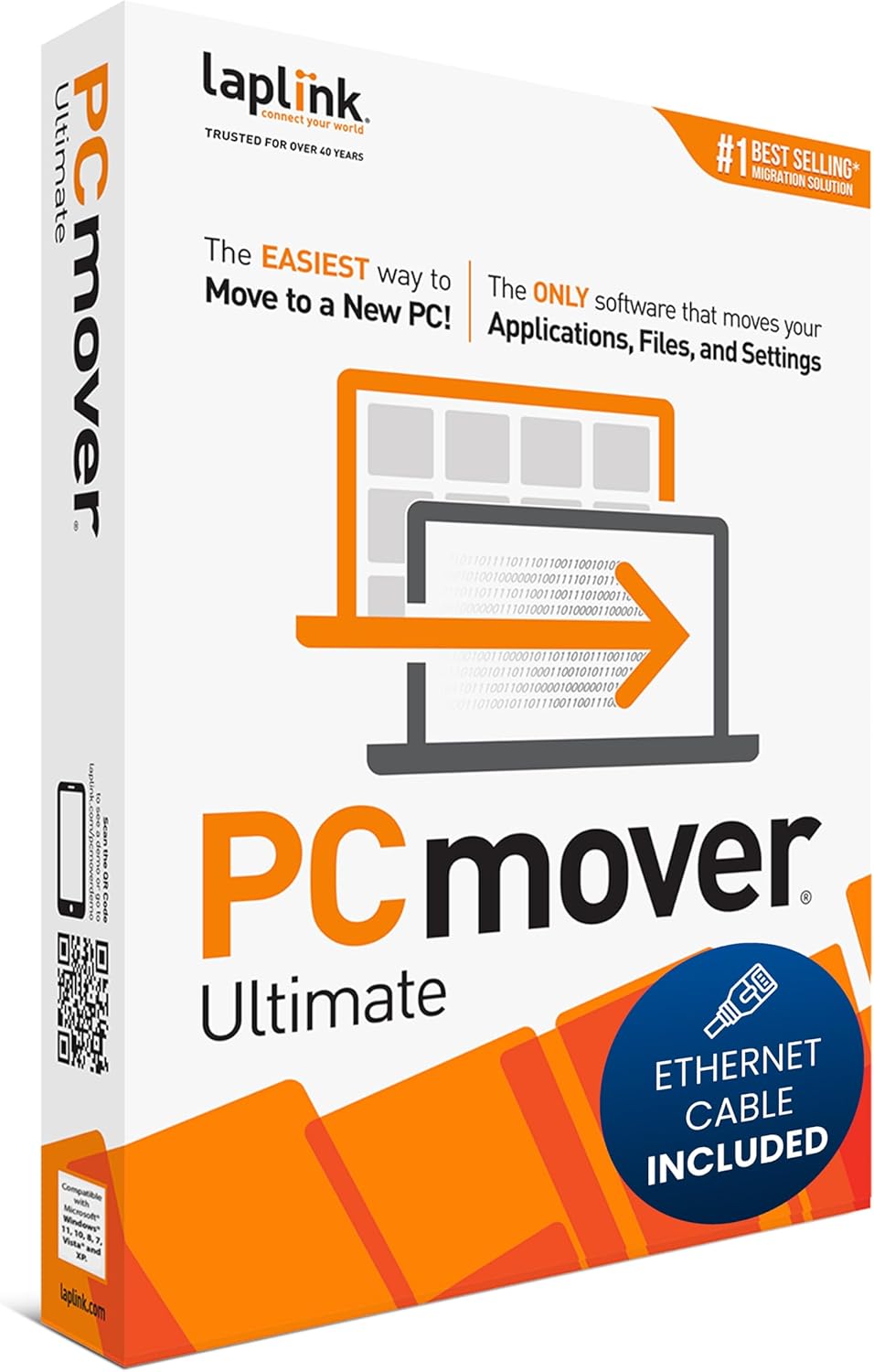 Laplink PCmover Ultimate 11 - Migration of your Applications, Files and Settings from an Old PC to a New PC - Data Transfer Software - With Optional High Speed Ethernet Cable - 1 License - BACKUPMYFILESNOW