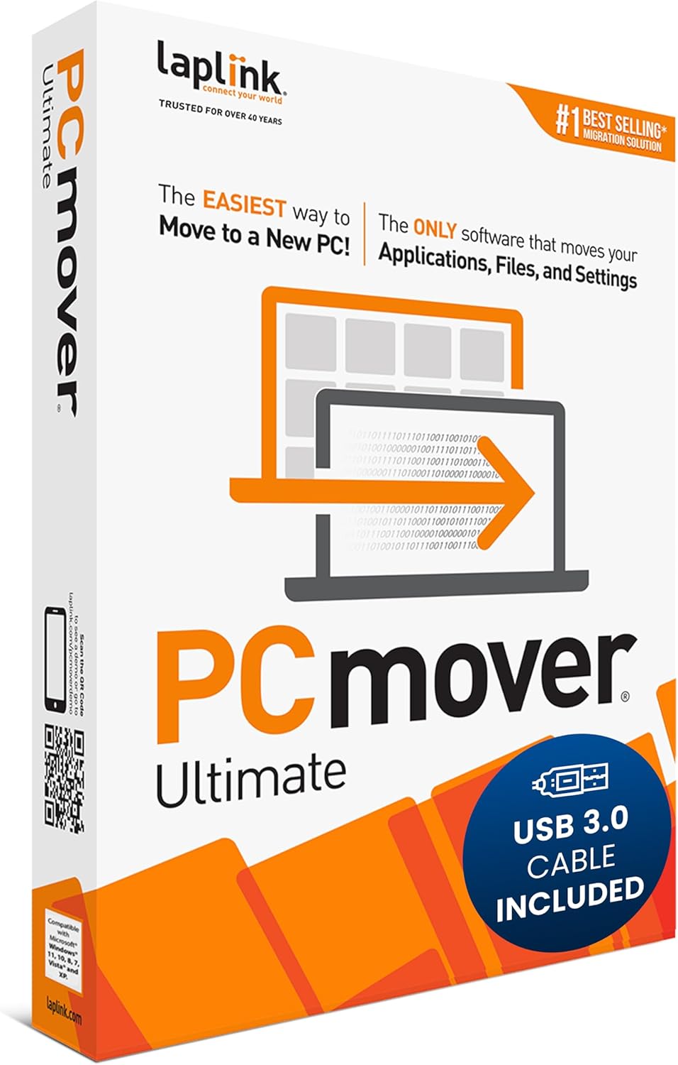 Laplink PCmover Ultimate 11 - Migration of your Applications, Files and Settings from an Old PC to a New PC - Data Transfer Software - With Optional High Speed Ethernet Cable - 1 License - BACKUPMYFILESNOW