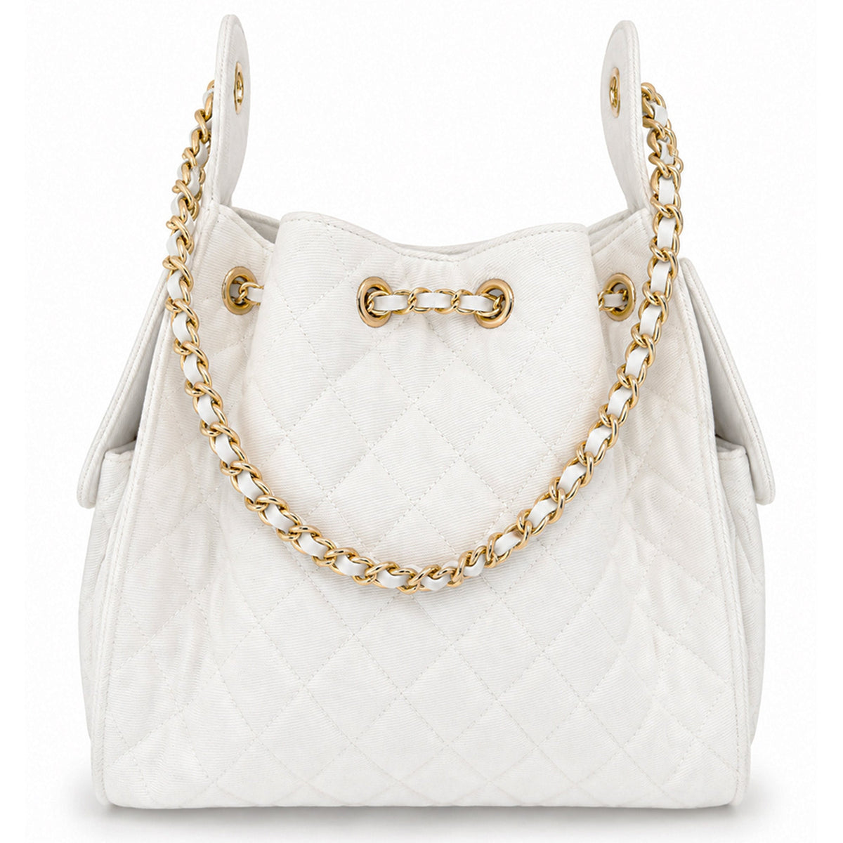 BEACH HAUS Bayshore Medium Bucket Bag in white denim, showing the stylish round shape and textured fabric with leather strap details.